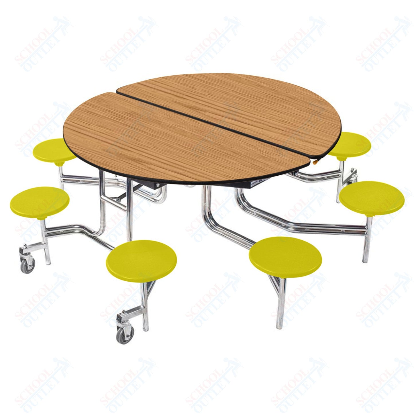 NPS 60" Round Mobile Cafeteria Table - 8 Stools - Particleboard Core - T-Molding Edge - Chrome Frame