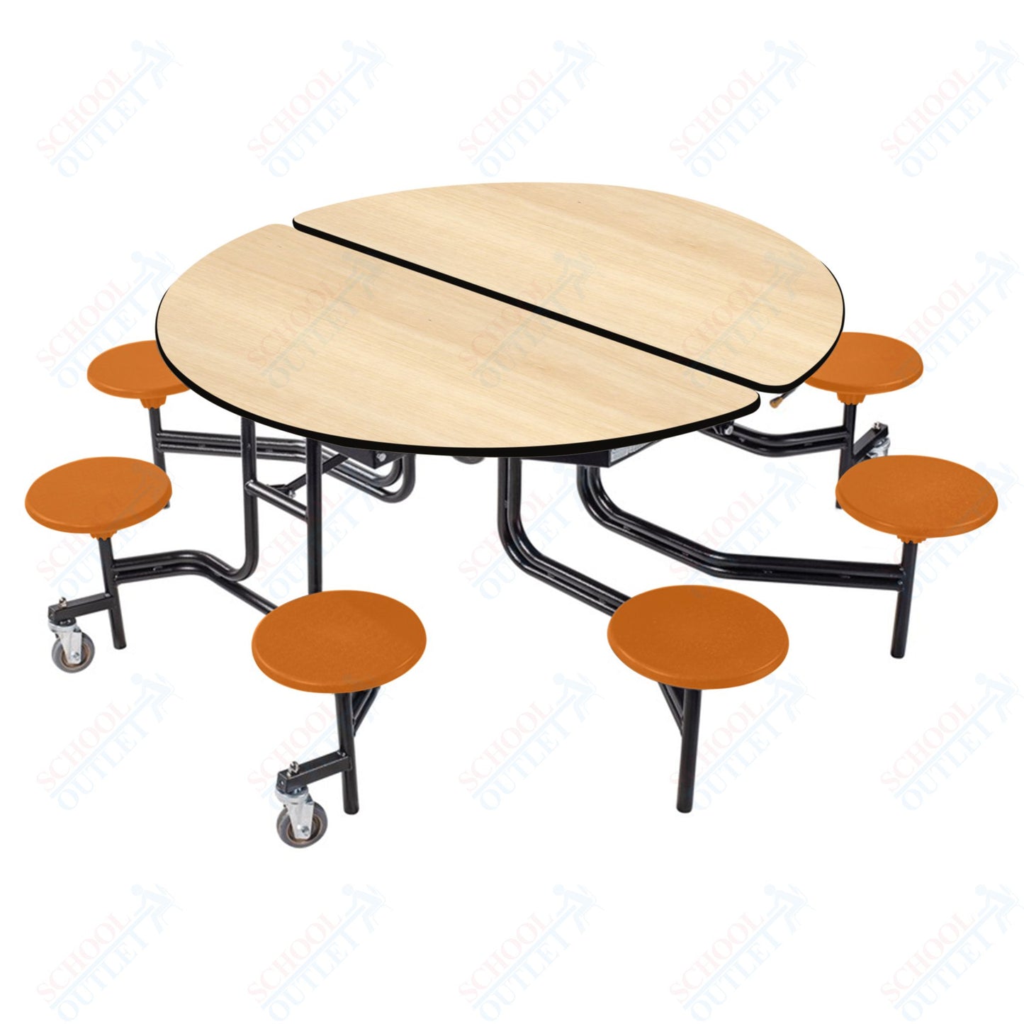 NPS 60" Round Mobile Cafeteria Table - 8 Stools - Particleboard Core - T-Molding Edge - Black Powdercoated Frame