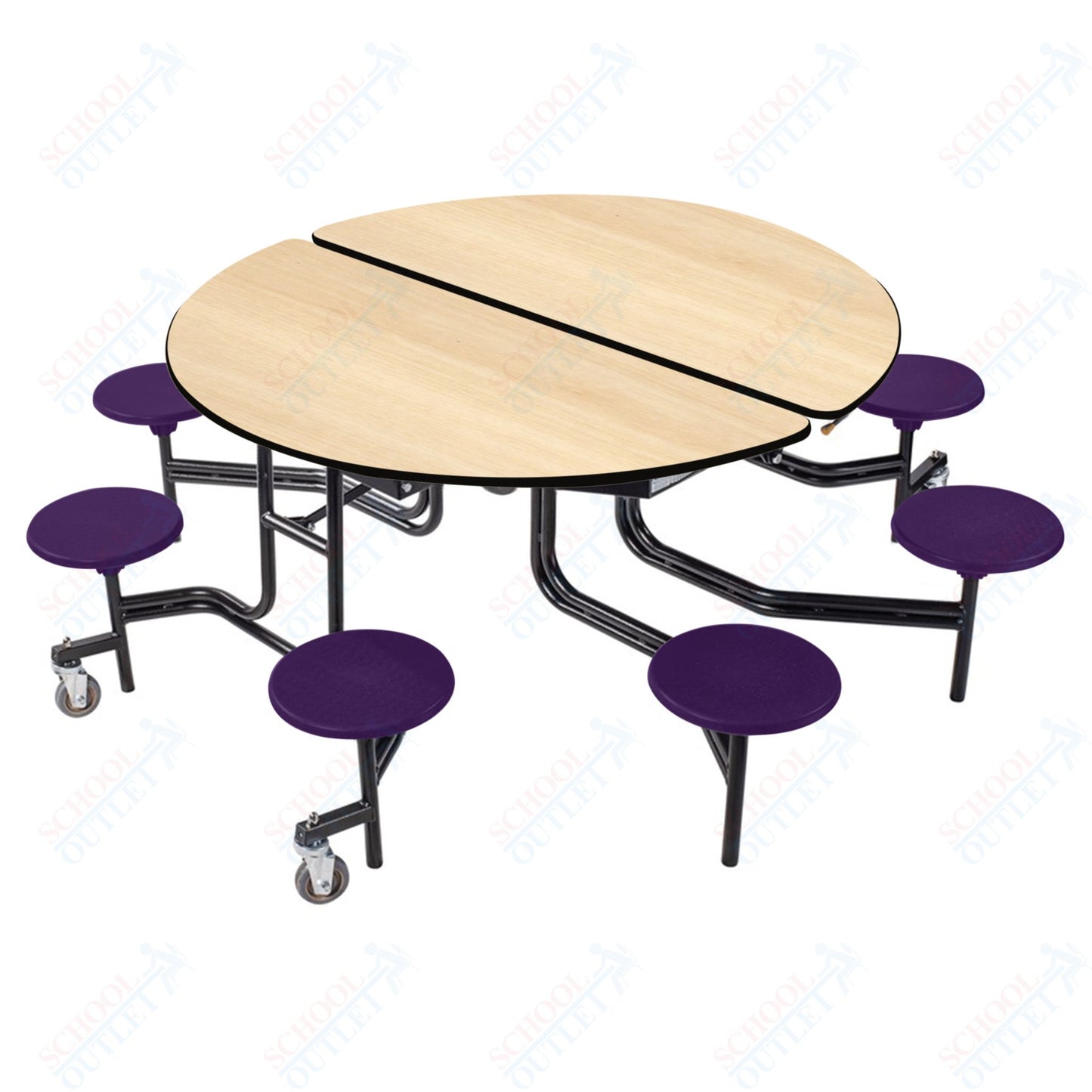NPS 60" Round Mobile Cafeteria Table - 8 Stools - Particleboard Core - T-Molding Edge - Black Powdercoated Frame