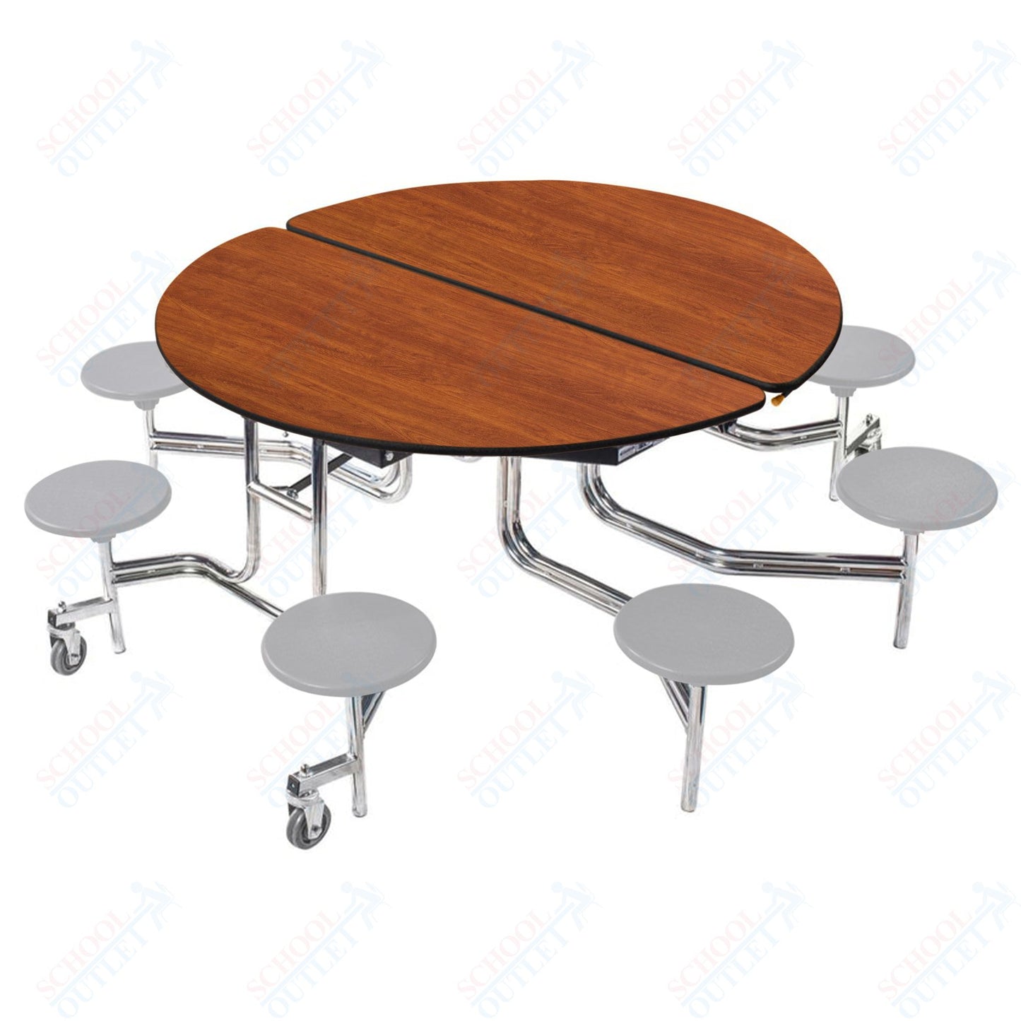 NPS 60" Round Mobile Cafeteria Table - 8 Stools - Plywood Core - Protect Edge - Chrome Frame