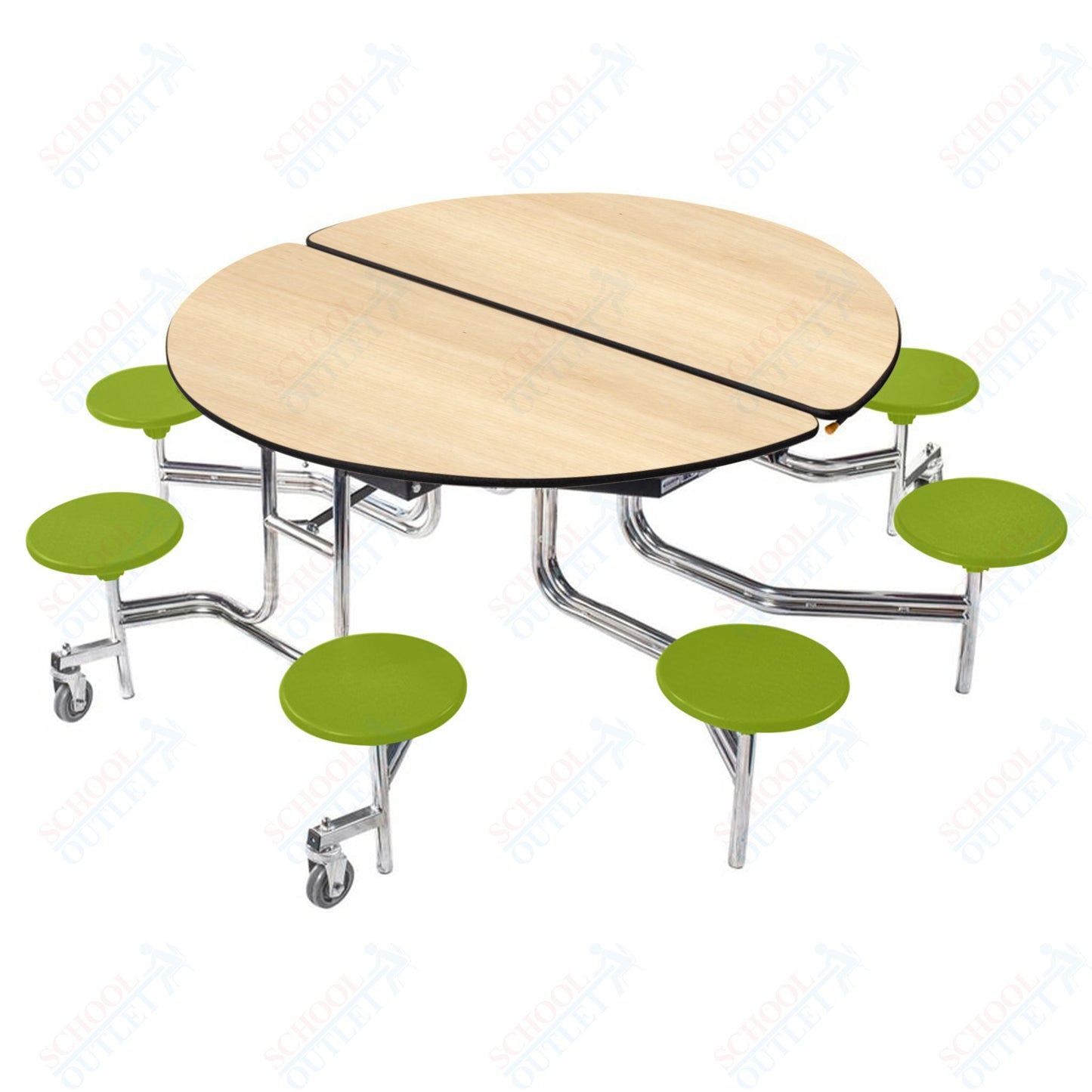 NPS 60" Round Mobile Cafeteria Table - 8 Stools - Plywood Core - Protect Edge - Chrome Frame