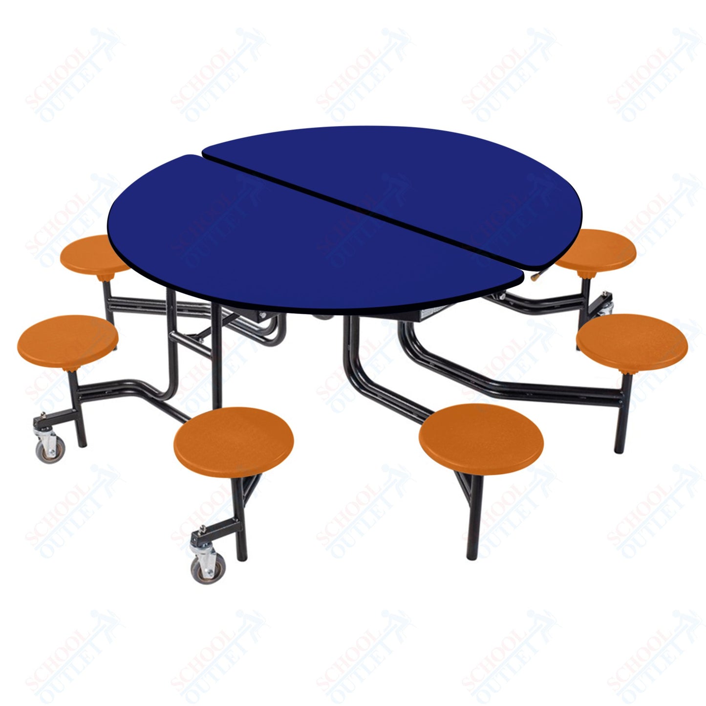 NPS 60" Round Mobile Cafeteria Table - 8 Stools - Plywood Core - Protect Edge - Black Powdercoated Frame