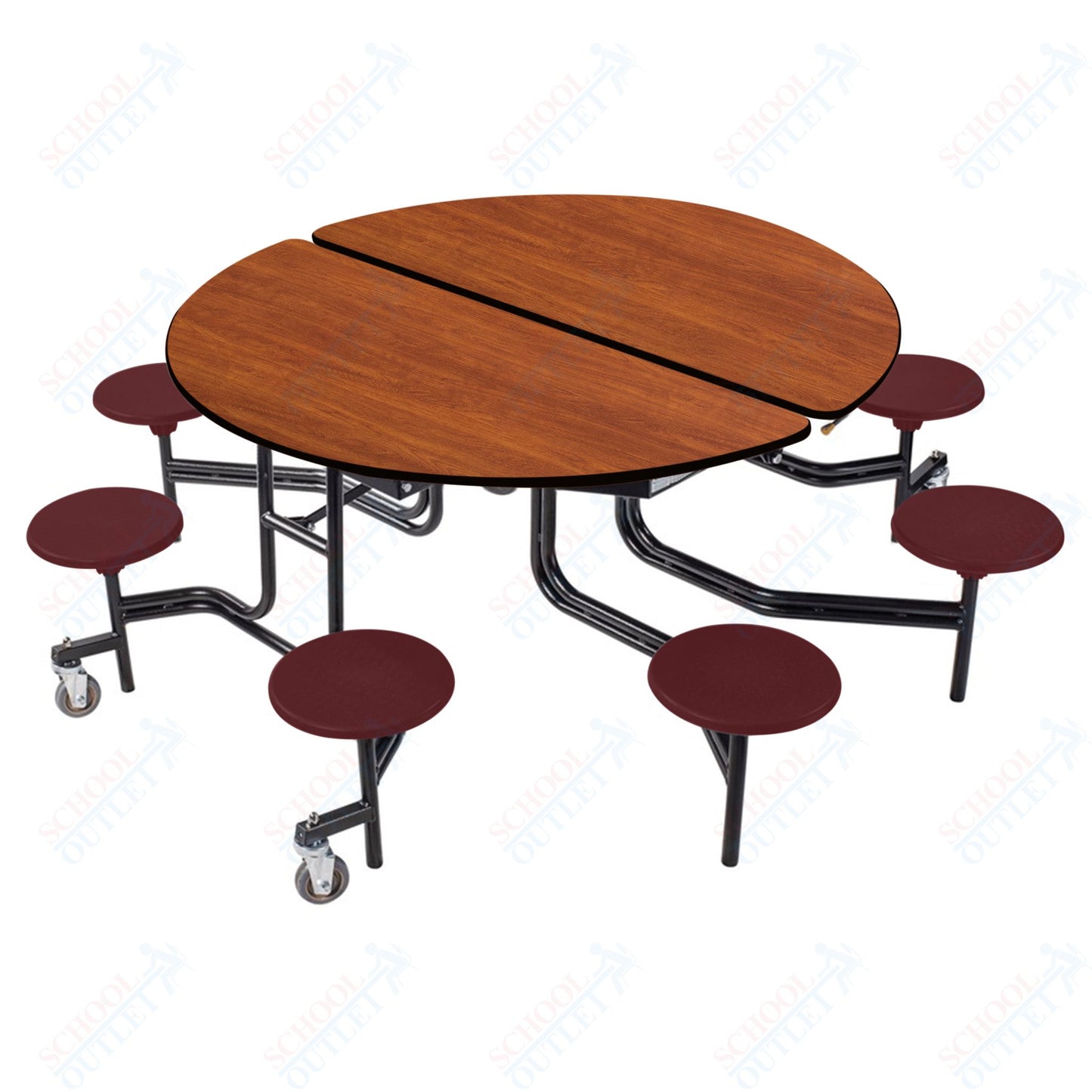 NPS 60" Round Mobile Cafeteria Table - 8 Stools - Plywood Core - Protect Edge - Black Powdercoated Frame
