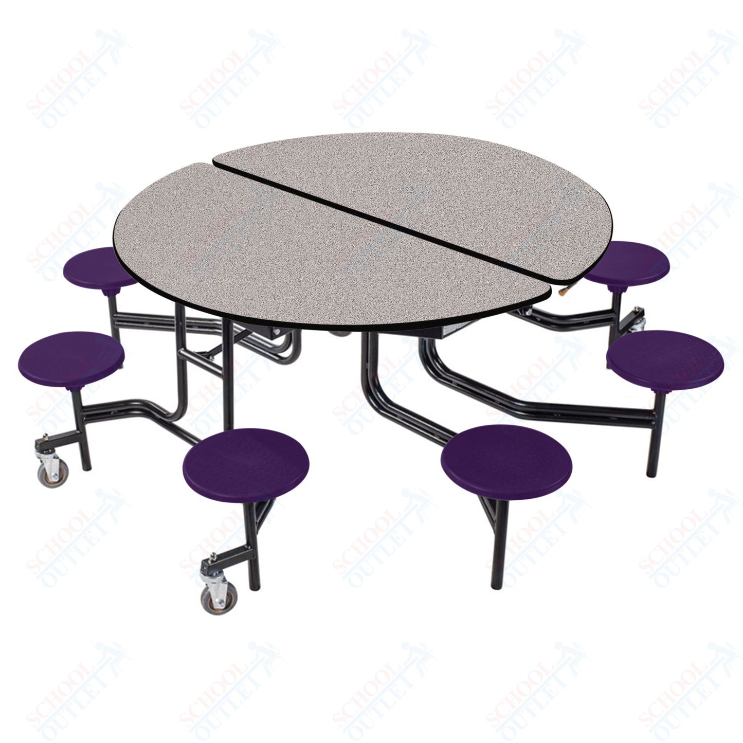 NPS 60" Round Mobile Cafeteria Table - 8 Stools - Plywood Core - Protect Edge - Black Powdercoated Frame