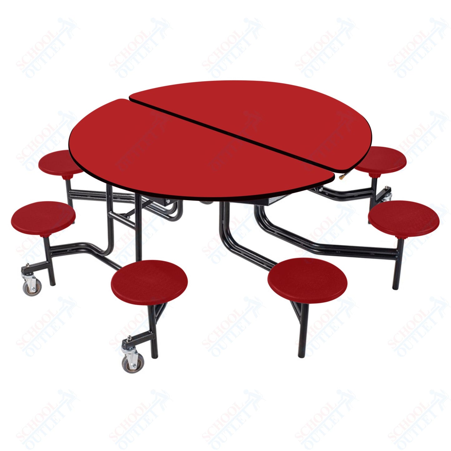 NPS 60" Round Mobile Cafeteria Table - 8 Stools - Plywood Core - Protect Edge - Black Powdercoated Frame