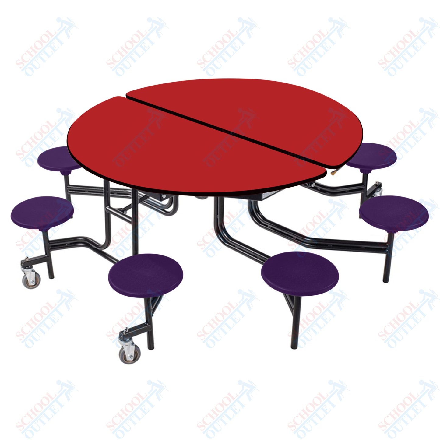 NPS 60" Round Mobile Cafeteria Table - 8 Stools - Plywood Core - T-Molding Edge - Black Powdercoated Frame