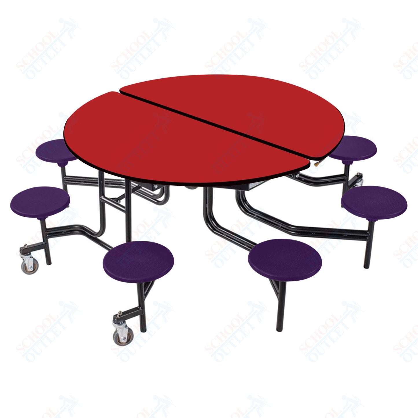 NPS 60" Round Mobile Cafeteria Table - 8 Stools - Plywood Core - T-Molding Edge - Black Powdercoated Frame