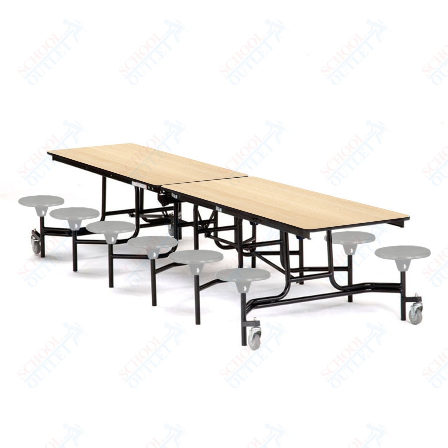 Mobile Cafeteria Lunchroom Stool Table - 30" W x 12' L - 12 Stools - MDF Core - Protect Edge - Chrome Frame