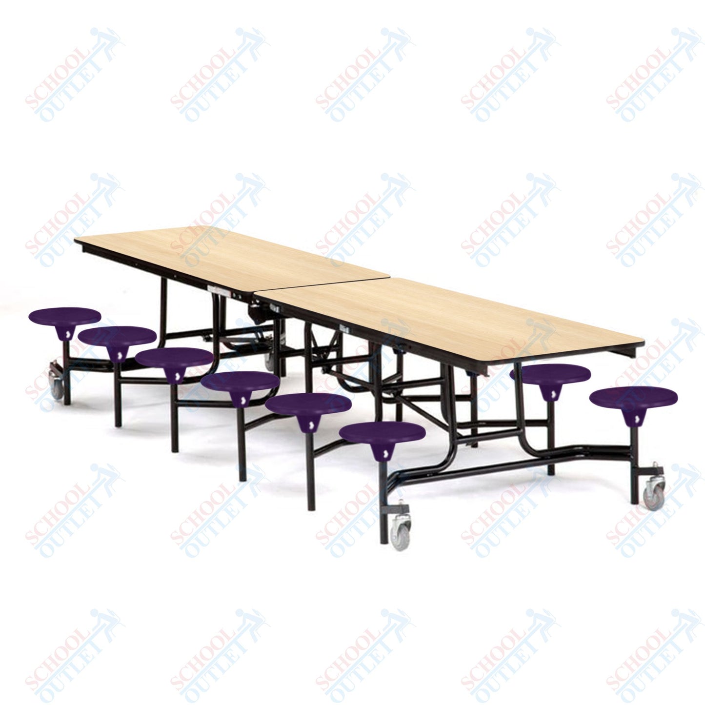 Mobile Cafeteria Lunchroom Stool Table - 30" W x 12' L - 12 Stools - MDF Core - Protect Edge - Chrome Frame