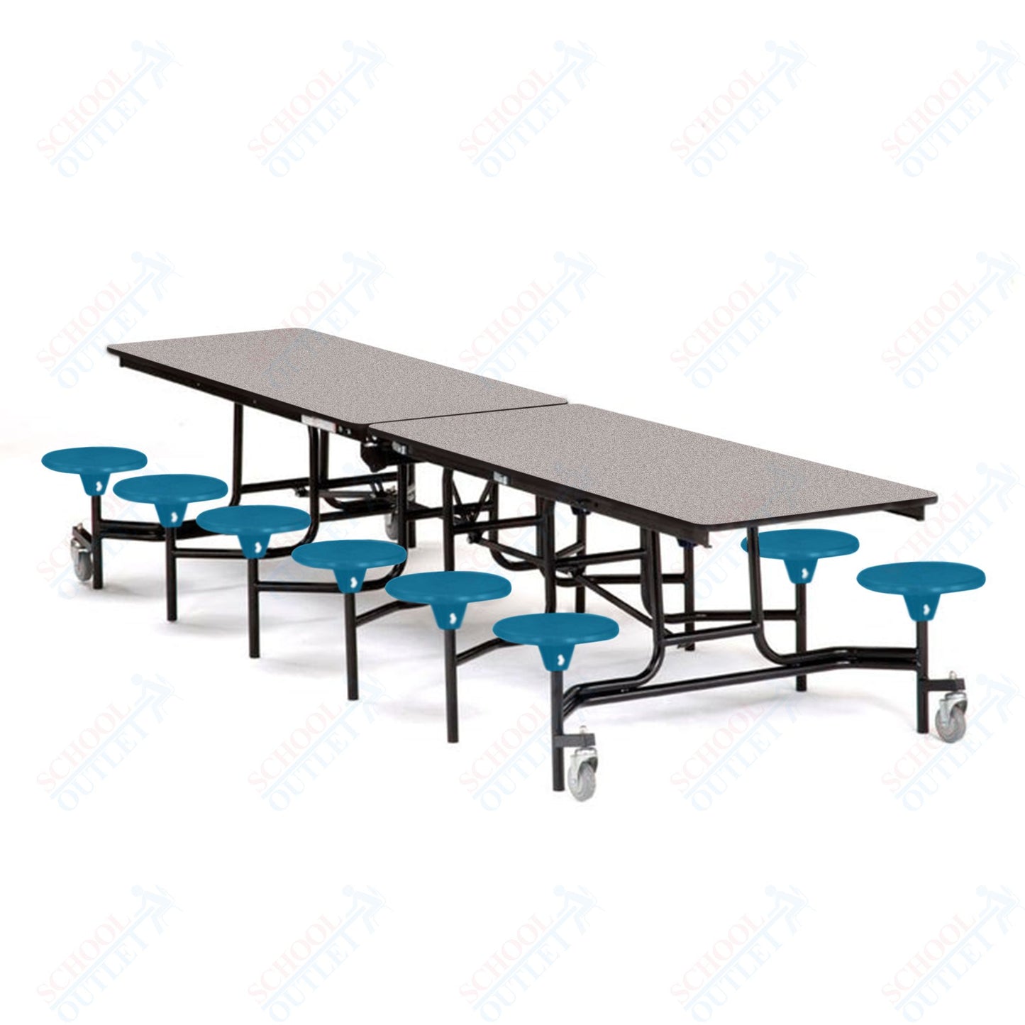 Mobile Cafeteria Lunchroom Stool Table - 30" W x 12' L - 12 Stools - Particleboard Core - T-Molding Edge - Chrome Frame