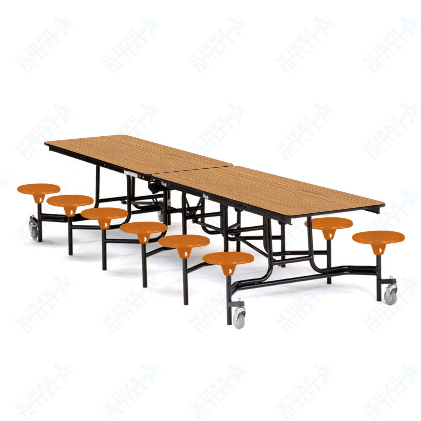 Mobile Cafeteria Lunchroom Stool Table - 30" W x 12' L - 12 Stools - Particleboard Core - T-Molding Edge - Chrome Frame