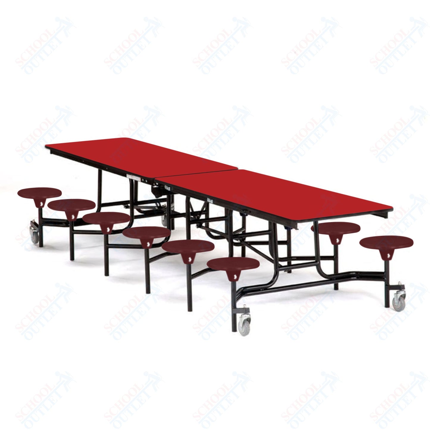 Mobile Cafeteria Lunchroom Stool Table - 30" W x 12' L - 12 Stools - Particleboard Core - T-Molding Edge - Chrome Frame