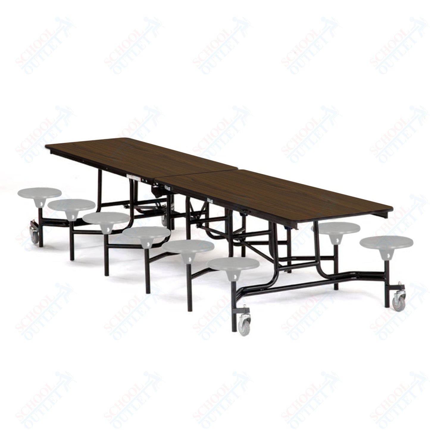 Mobile Cafeteria Lunchroom Stool Table - 30" W x 12' L - 12 Stools - Particleboard Core - T-Molding Edge - Chrome Frame