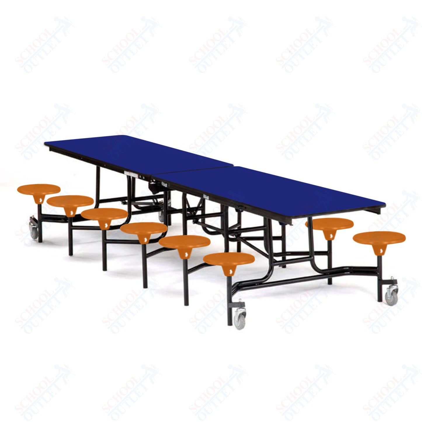 Mobile Cafeteria Lunchroom Stool Table - 30" W x 12' L - 12 Stools - Particleboard Core - T-Molding Edge - Black Powdercoated Frame