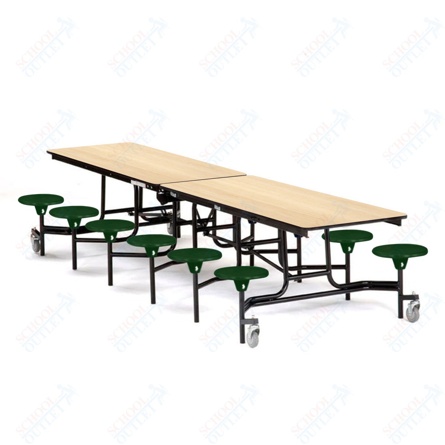 Mobile Cafeteria Lunchroom Stool Table - 30" W x 12' L - 12 Stools - Particleboard Core - T-Molding Edge - Black Powdercoated Frame