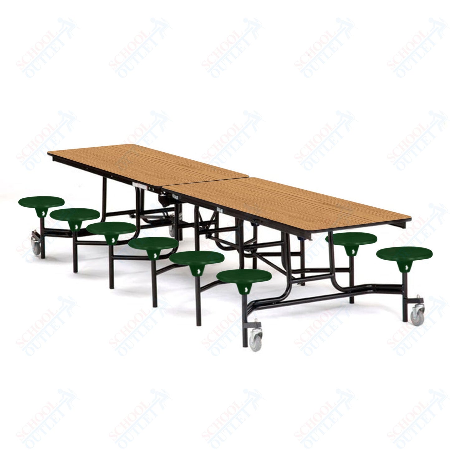 Mobile Cafeteria Lunchroom Stool Table - 30" W x 12' L - 12 Stools - Particleboard Core - T-Molding Edge - Black Powdercoated Frame