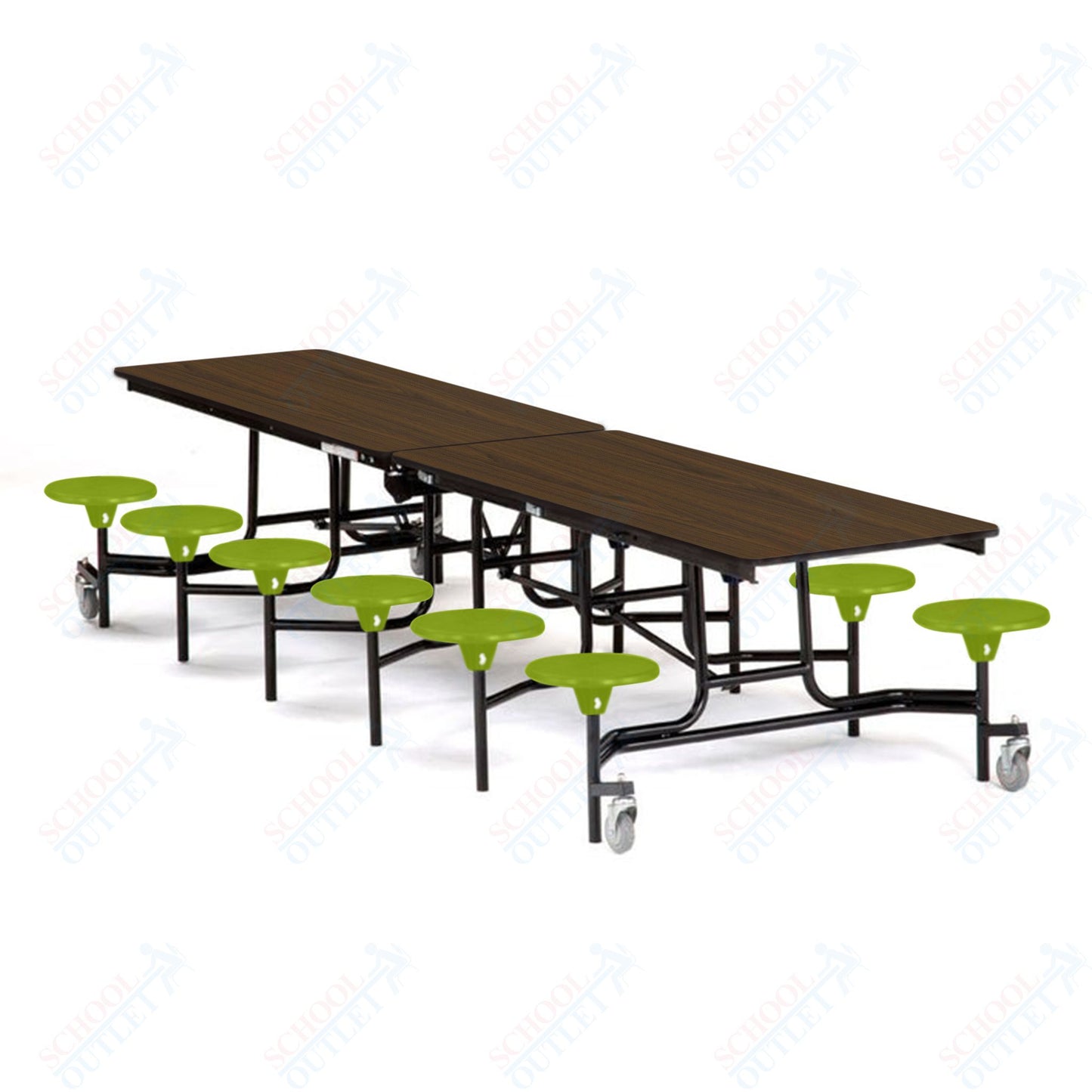Mobile Cafeteria Lunchroom Stool Table - 30" W x 12' L - 12 Stools - Particleboard Core - T-Molding Edge - Black Powdercoated Frame