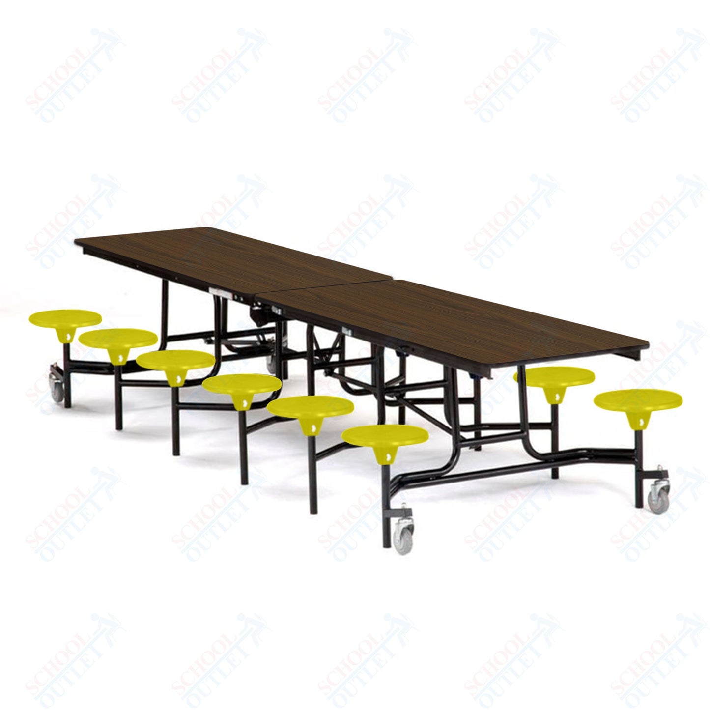 Mobile Cafeteria Lunchroom Stool Table - 30" W x 12' L - 12 Stools - Particleboard Core - T-Molding Edge - Black Powdercoated Frame