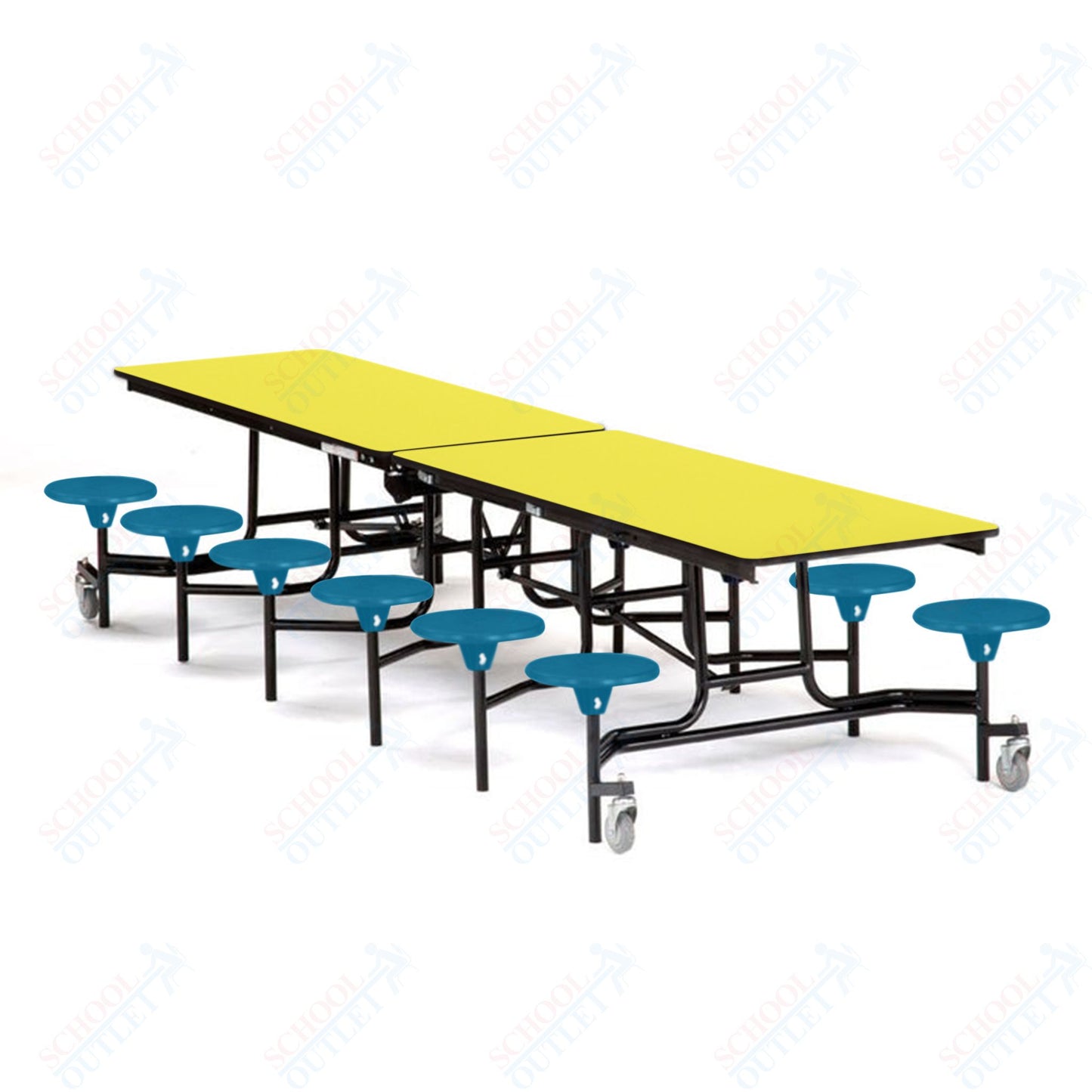 Mobile Cafeteria Lunchroom Stool Table - 30" W x 12' L - 12 Stools - Particleboard Core - T-Molding Edge - Black Powdercoated Frame