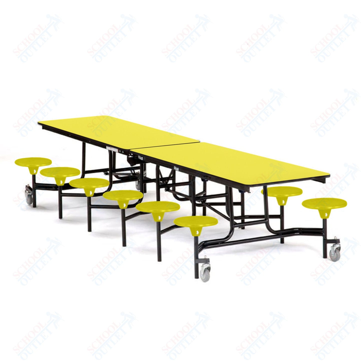 Mobile Cafeteria Lunchroom Stool Table - 30" W x 12' L - 12 Stools - Particleboard Core - T-Molding Edge - Black Powdercoated Frame