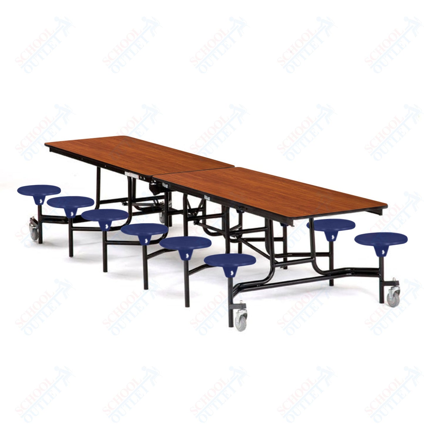 Mobile Cafeteria Lunchroom Stool Table - 30" W x 12' L - 12 Stools - Plywood Core - Protect Edge - Chrome Frame