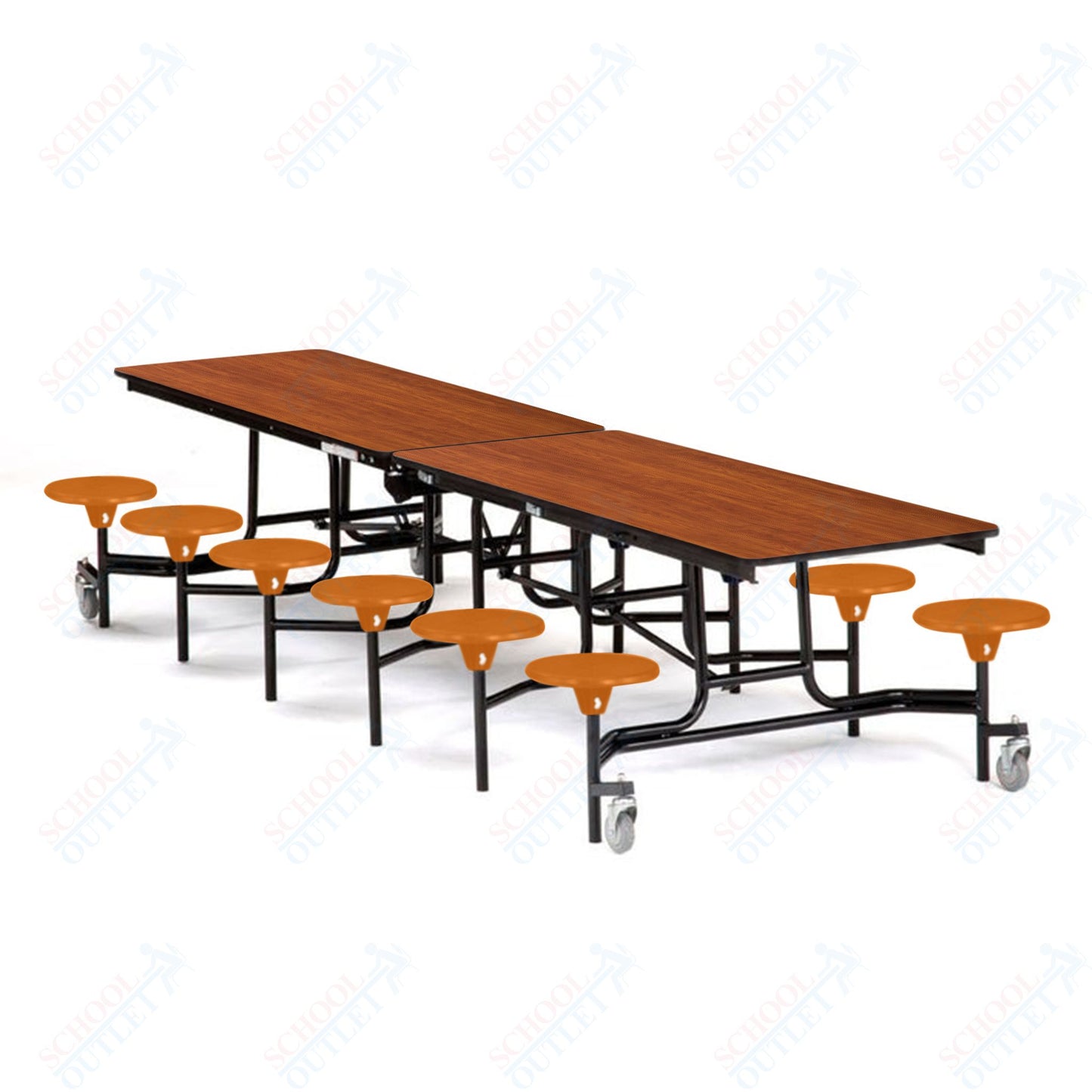 Mobile Cafeteria Lunchroom Stool Table - 30" W x 12' L - 12 Stools - Plywood Core - Protect Edge - Chrome Frame