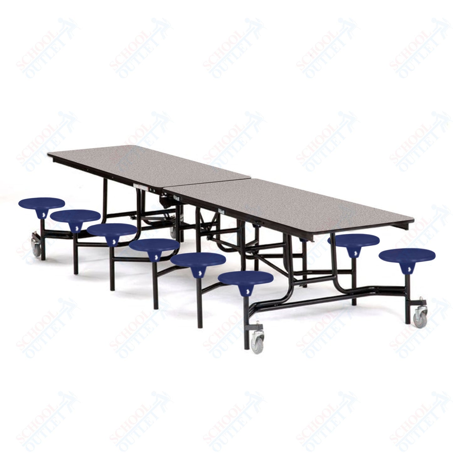 Mobile Cafeteria Lunchroom Stool Table - 30" W x 12' L - 12 Stools - Plywood Core - Protect Edge - Chrome Frame