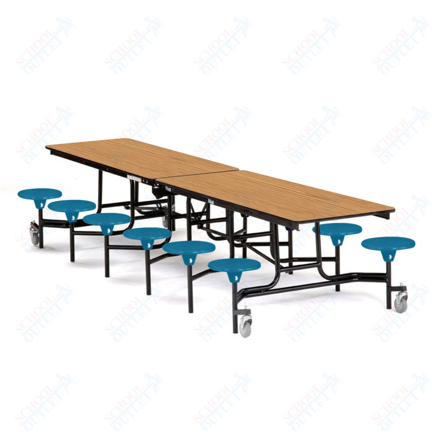 Mobile Cafeteria Lunchroom Stool Table - 30" W x 12' L - 12 Stools - Plywood Core - Protect Edge - Chrome Frame