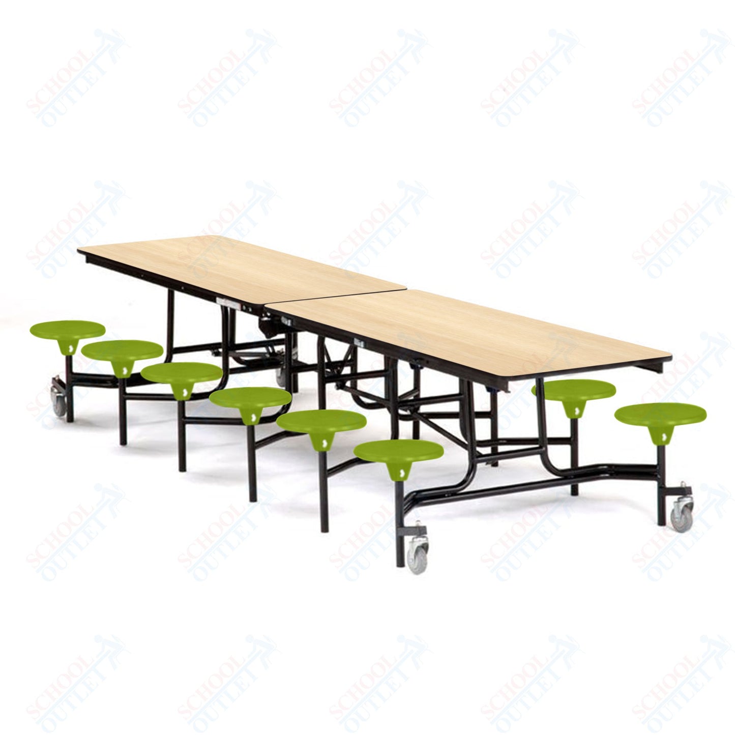 Mobile Cafeteria Lunchroom Stool Table - 30" W x 12' L - 12 Stools - Plywood Core - Protect Edge - Black Powdercoated Frame