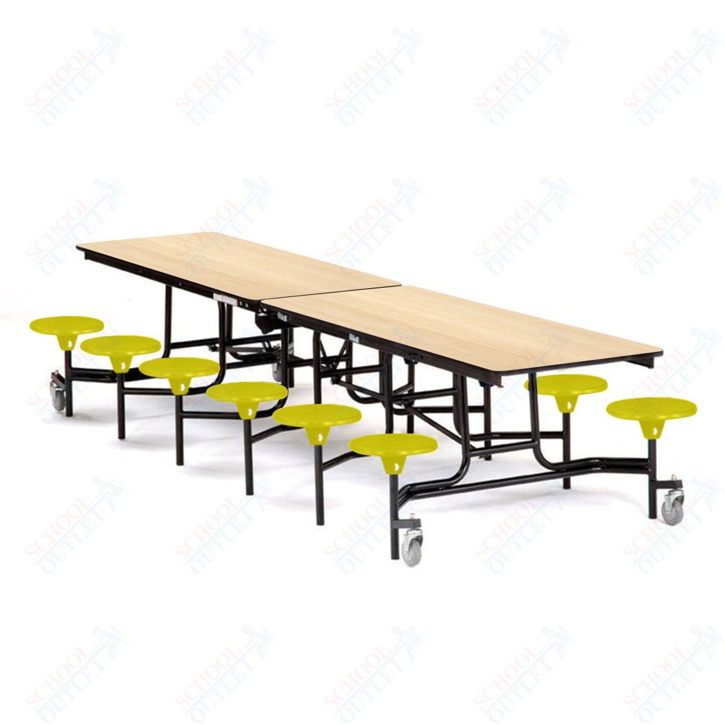 Mobile Cafeteria Lunchroom Stool Table - 30" W x 12' L - 12 Stools - Plywood Core - Protect Edge - Black Powdercoated Frame