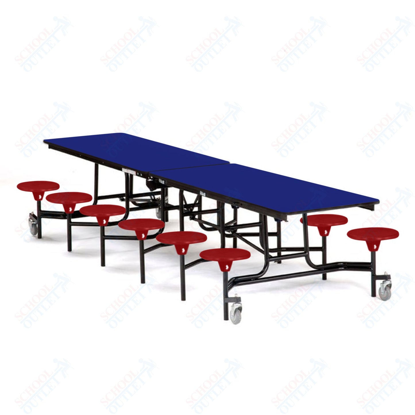 Mobile Cafeteria Lunchroom Stool Table - 30" W x 12' L - 12 Stools - Plywood Core - T-Molding Edge - Chrome Frame