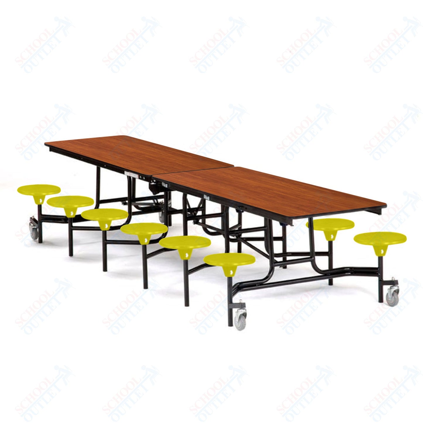 Mobile Cafeteria Lunchroom Stool Table - 30" W x 12' L - 12 Stools - Plywood Core - T-Molding Edge - Chrome Frame