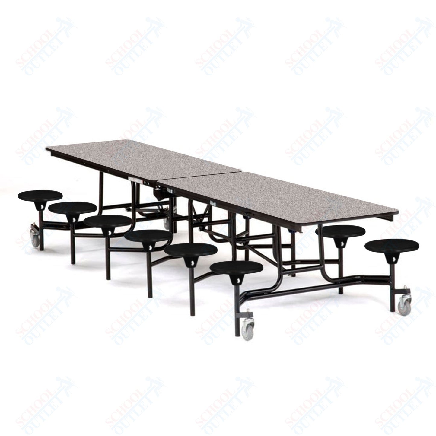 Mobile Cafeteria Lunchroom Stool Table - 30" W x 12' L - 12 Stools - Plywood Core - T-Molding Edge - Chrome Frame