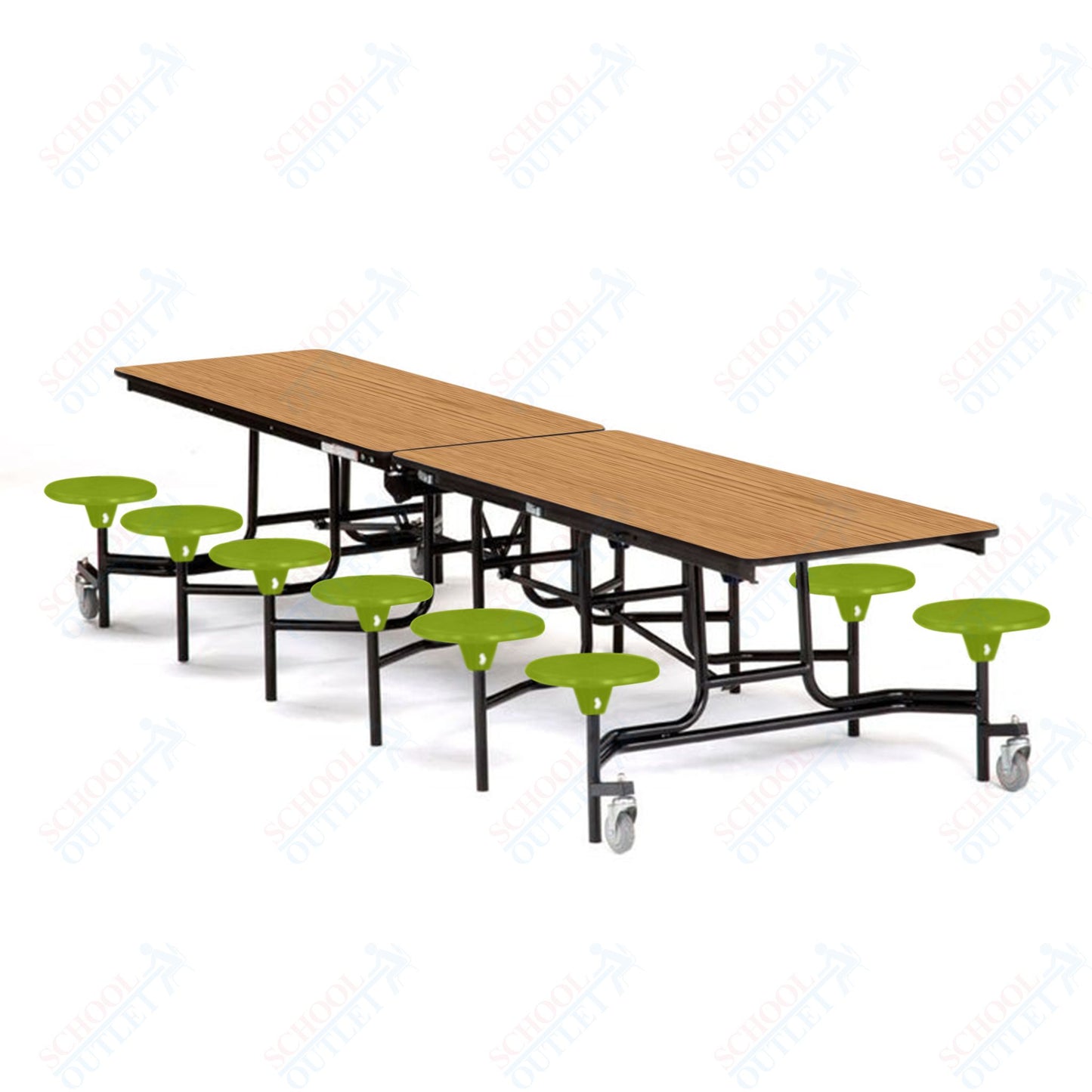 Mobile Cafeteria Lunchroom Stool Table - 30" W x 12' L - 12 Stools - Plywood Core - T-Molding Edge - Chrome Frame