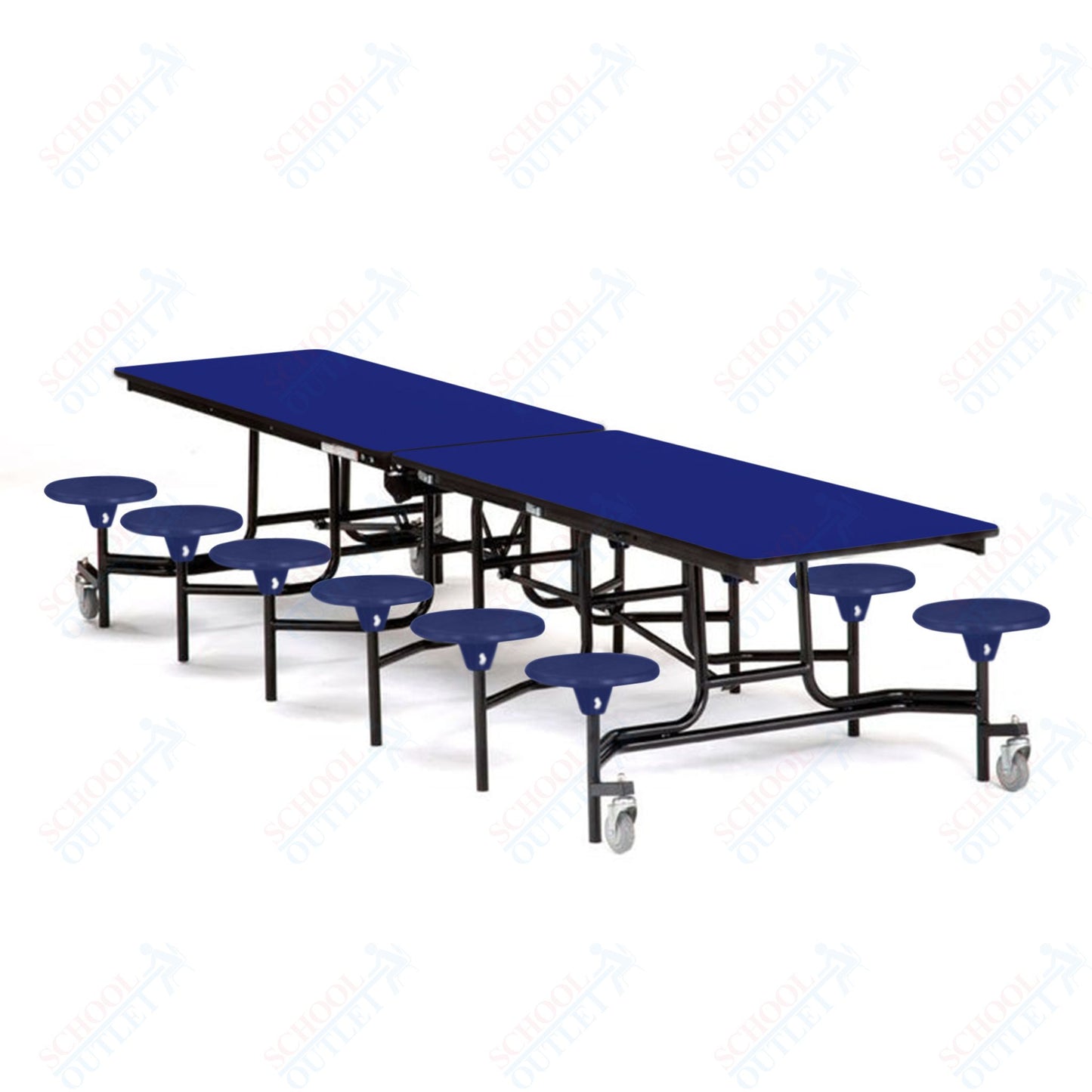 Mobile Cafeteria Lunchroom Stool Table - 30" W x 12' L - 12 Stools - Plywood Core - T-Molding Edge -  Black Powdercoated Frame