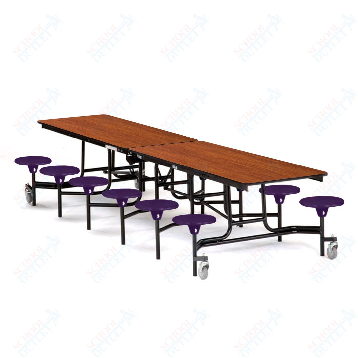 Mobile Cafeteria Lunchroom Stool Table - 30" W x 12' L - 12 Stools - Plywood Core - T-Molding Edge -  Black Powdercoated Frame