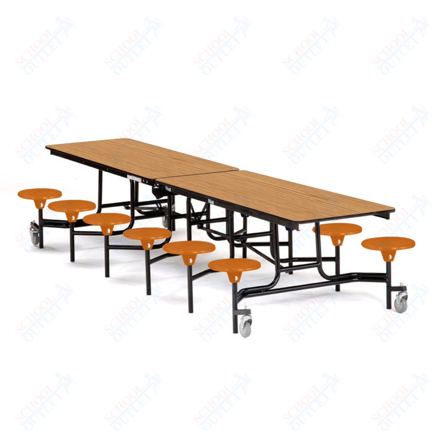 Mobile Cafeteria Lunchroom Stool Table - 30" W x 12' L - 12 Stools - Plywood Core - T-Molding Edge -  Black Powdercoated Frame