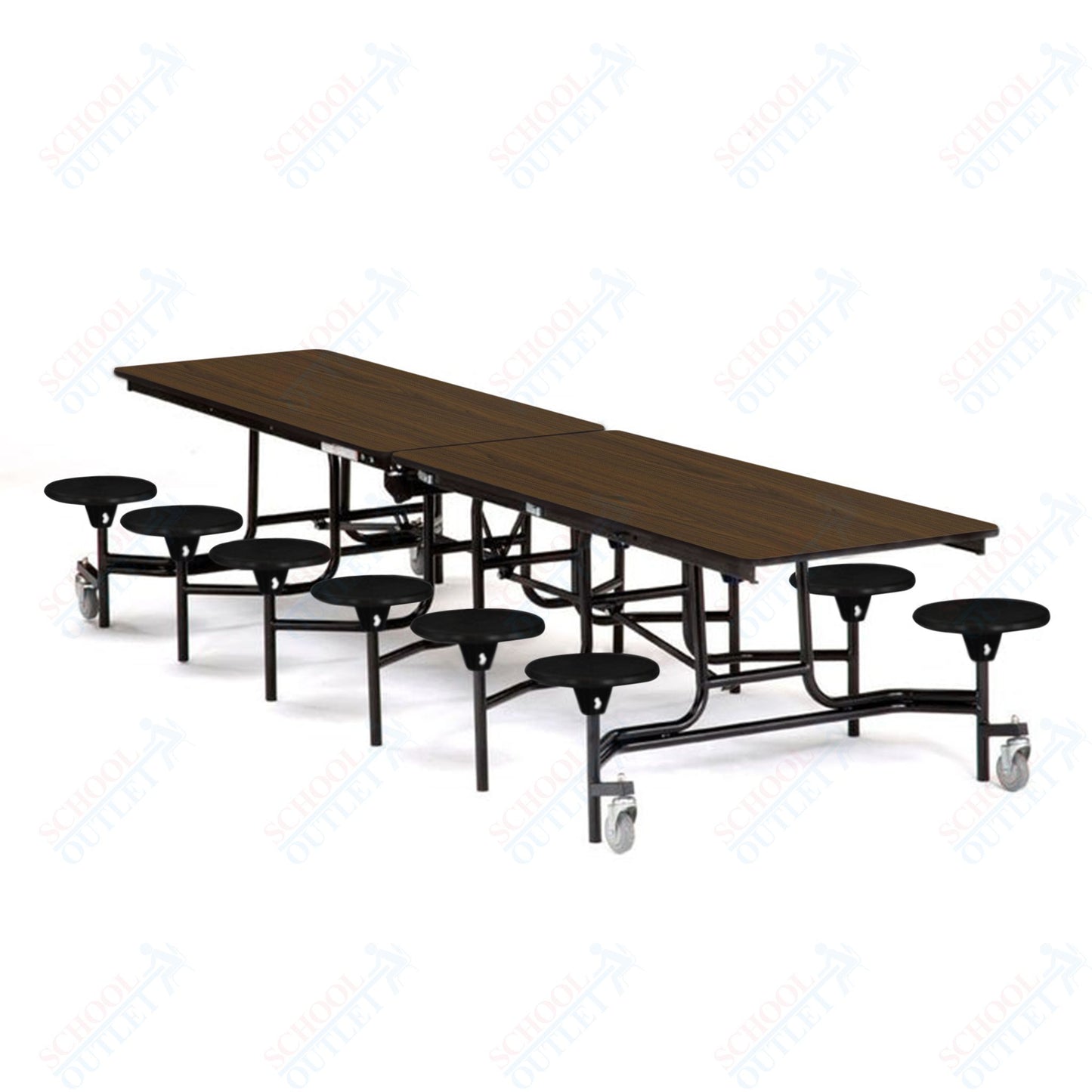 Mobile Cafeteria Lunchroom Stool Table - 30" W x 12' L - 12 Stools - Plywood Core - T-Molding Edge -  Black Powdercoated Frame