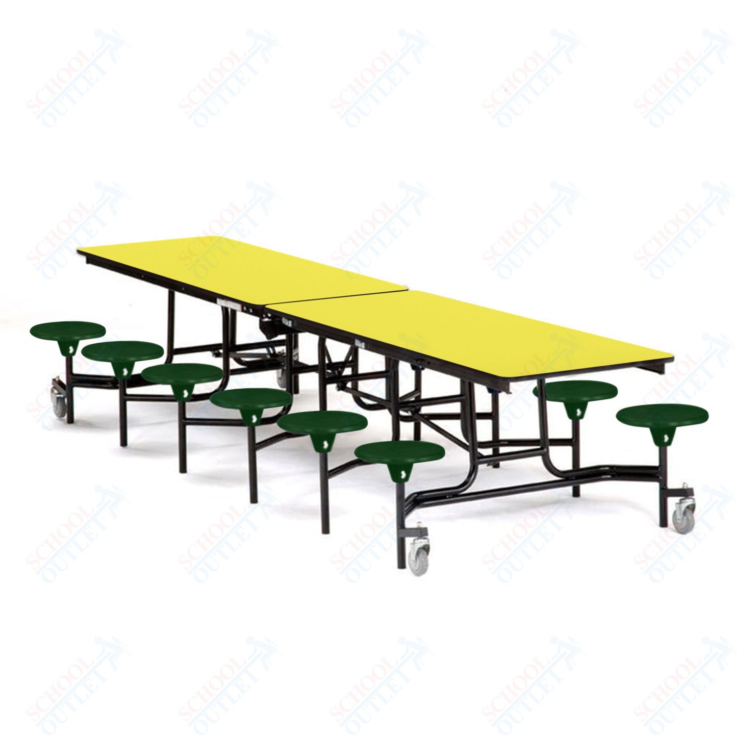 Mobile Cafeteria Lunchroom Stool Table - 30" W x 12' L - 12 Stools - Plywood Core - T-Molding Edge -  Black Powdercoated Frame