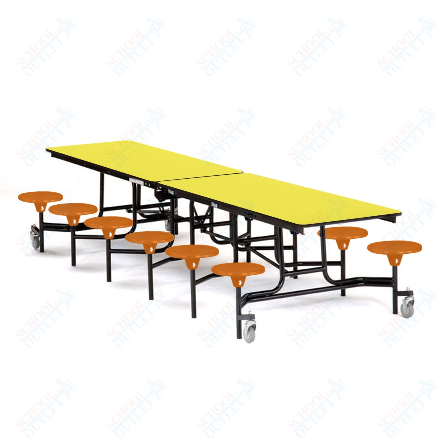 Mobile Cafeteria Lunchroom Stool Table - 30" W x 12' L - 12 Stools - Plywood Core - T-Molding Edge -  Black Powdercoated Frame