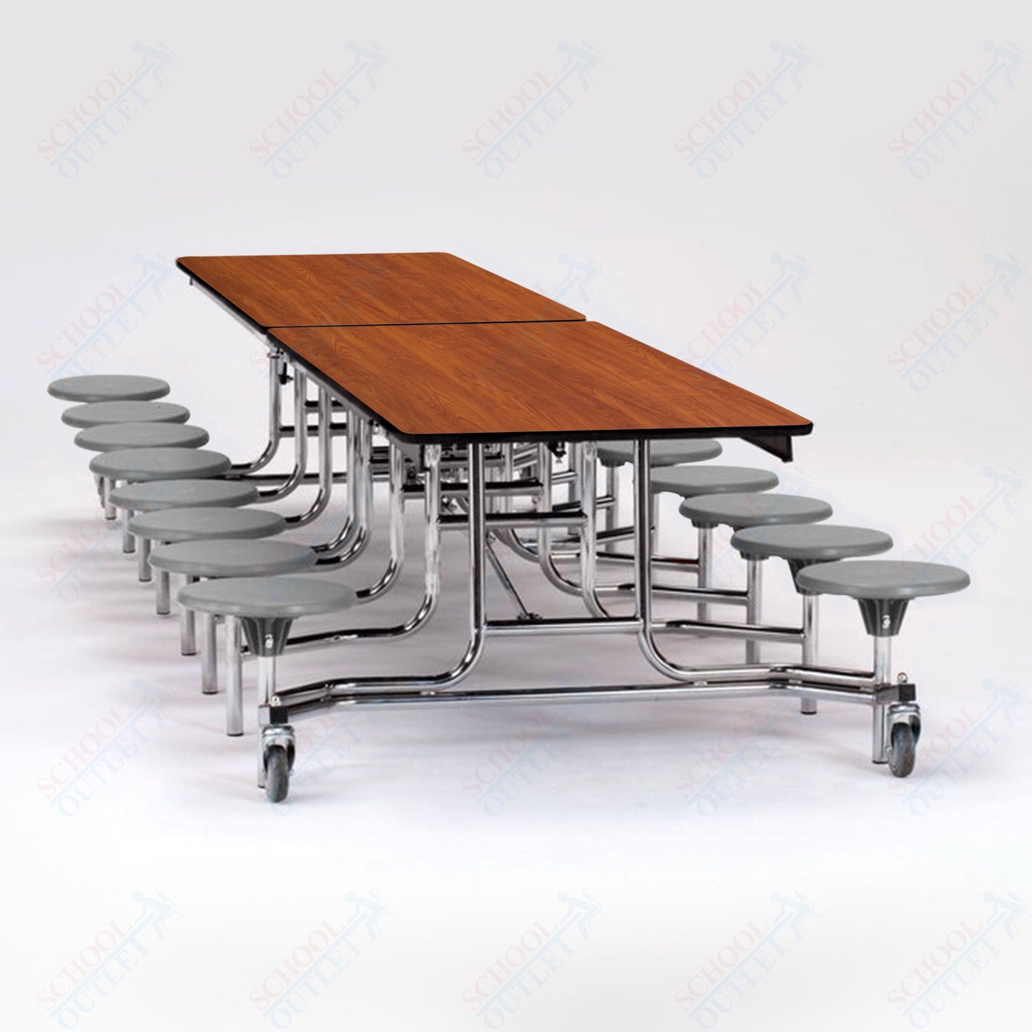 NPS Mobile Cafeteria Table - 30" W x 12' L - 16 Stools - Plywood Core - T-Molding Edge - Chrome Frame