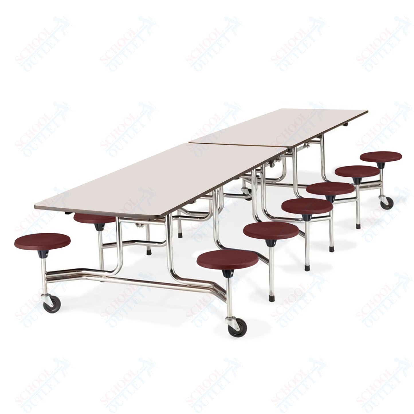 Virco MTS19311212W - ADA Compliant Rectangle Mobile Stool Cafeteria Table - T-mold Edge - 19" Seat Height - 12.5'L - 12 Stools