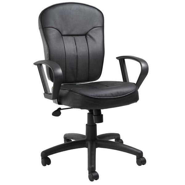 Boss LeatherPlus Mid - Back Task Chair with Loop Arms, Black (B1562) - SchoolOutlet