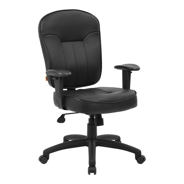 Boss LeatherPlus Mid - Back Task Chair with Adjustable Arms, Black (B1563) - SchoolOutlet