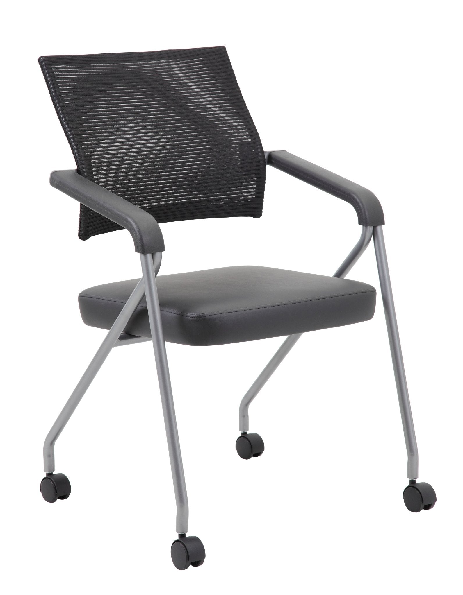Boss CaressoftPlus Vinyl / Mesh Mid - Back Training Chair with Pewter Steel Frame - 2/Set, Black (B1806P - 2 ) - SchoolOutlet