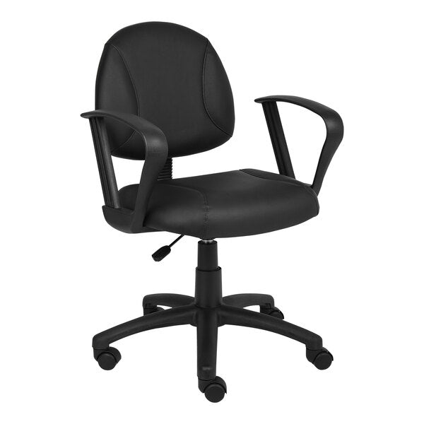 Boss Deluxe Posture LeatherPlus Mid - Back Task Chair with Fixed Loop Arms, Black (B307) - SchoolOutlet