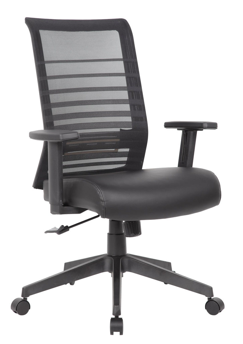 Boss Horizontal Striped Mesh Back Task Chair with Antimicrobial Vinyl Seat and Adjustable T - Arms, Black (B6566AM) - SchoolOutlet