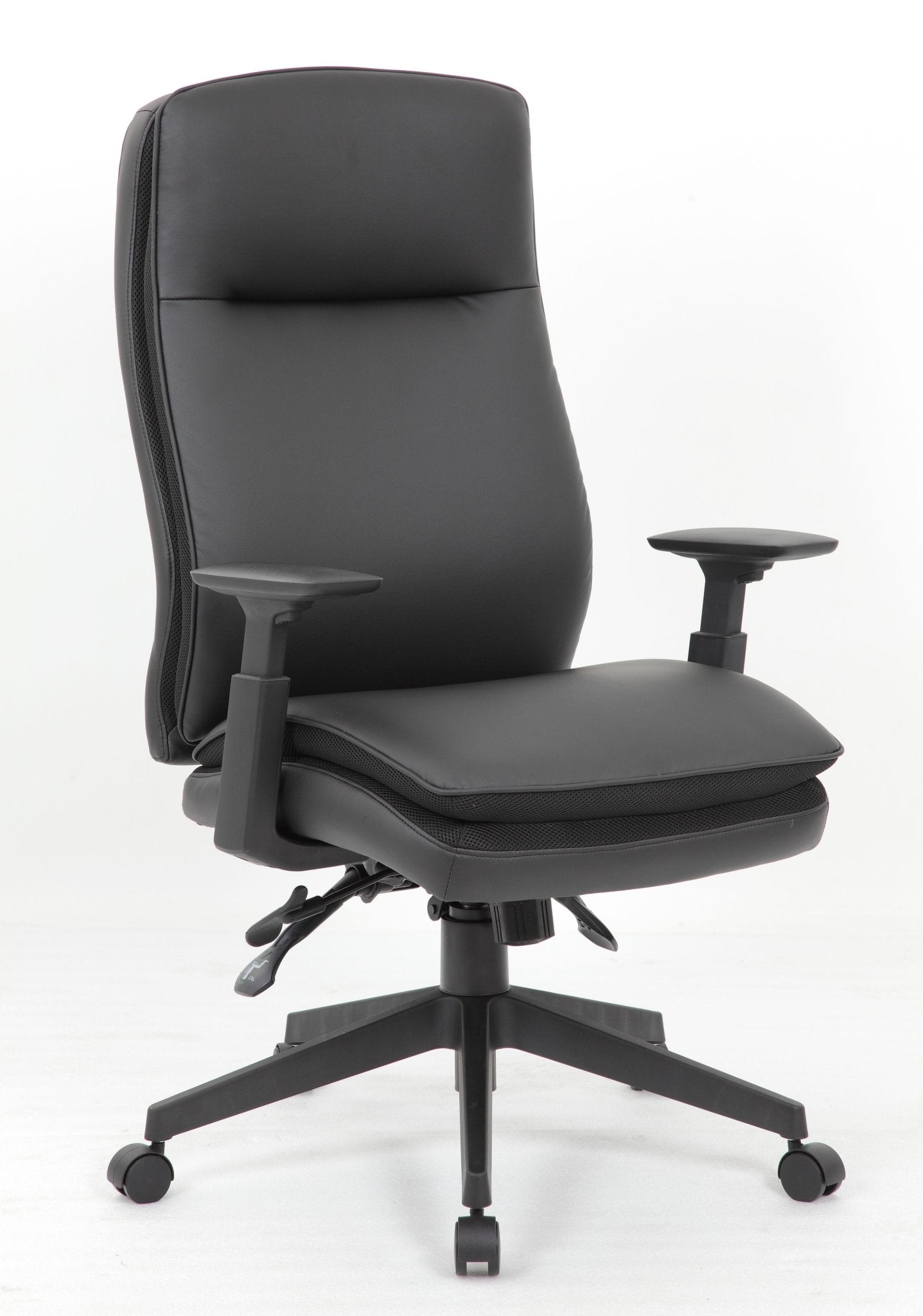 Boss CaressoftPlus Vinyl High - Back Ergonomic Executive Chair with Adjustable T - Arms, Black (B730) - SchoolOutlet