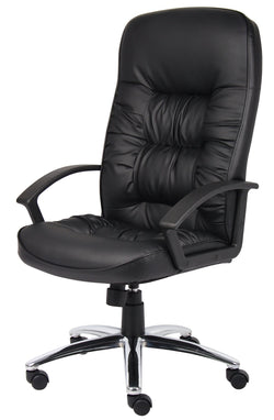Boss LeatherPlus High-Back Executive Chair with Chrome Base and Polypropylene Loop Arms, Black (B7301C)