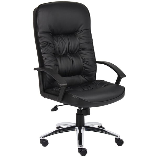 Boss LeatherPlus High - Back Executive Chair with Chrome Base and Polypropylene Loop Arms, Black (B7301C) - SchoolOutlet